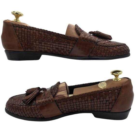Vintage Bragano Cole Haan Brown Leather Woven Tassel Loafers Mens 9N Dress Shoes - Picture 9 of 11